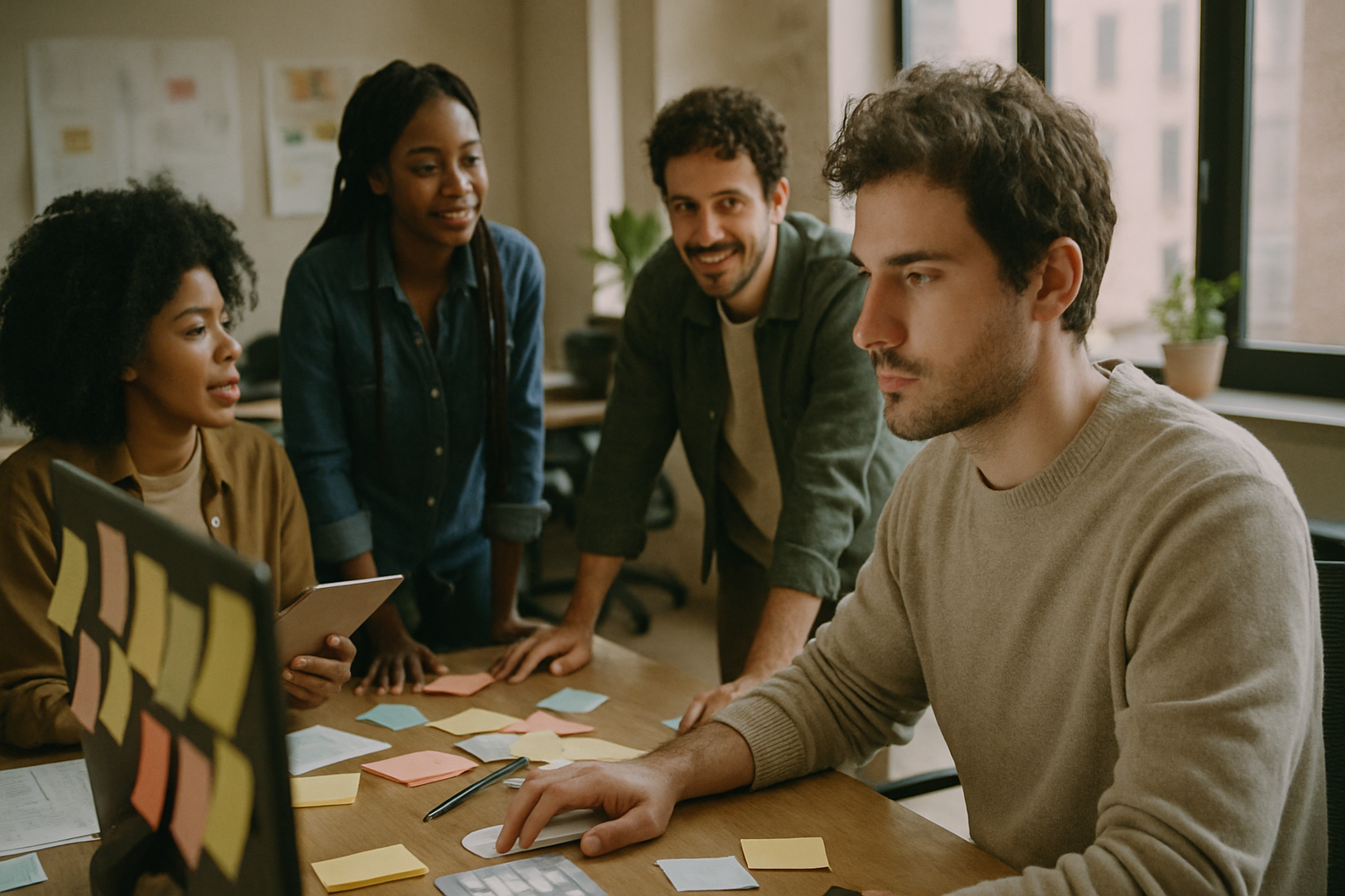 A realistic documentary photograph of a modern open-plan office where a diverse team is collaborating on a marketing project. The scene captures a designer intently reviewing designs on a large monitor, surrounded by sticky notes and brainstorming materials. The lighting is soft and natural, coming from a nearby window, creating gentle, realistic shadows. The composition is in 16:9 widescreen, following the rule of thirds with a slight background bokeh. The people in the image are candidly engaged in their work, with genuine expressions and natural postures, creating an energetic and approachable atmosphere. The photo features visible grain and texture in fabrics and surfaces, with slightly imperfect skin tones and a real-world composition that feels authentic. No text, logos, watermarks, or any digital illustration elements are present.